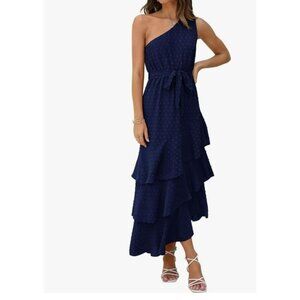 PRETTY GARDEN Womens Swiss Dot Navy One Shoulder Tiered Ruffle Midi Dress Size M